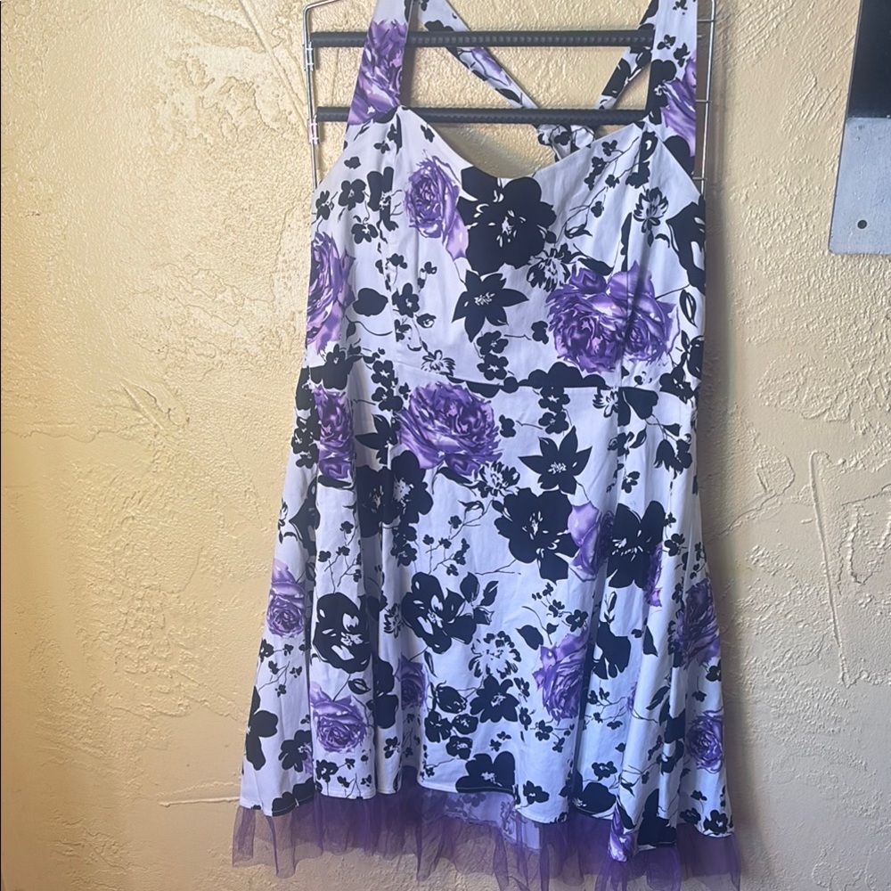 Floral Halter Dress with Purple and Black Design